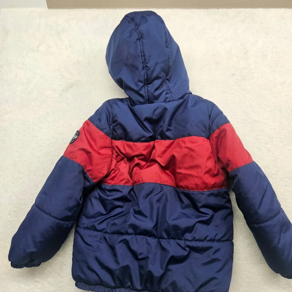 OshKosh Bgosh Kids Navy Blue Red Colorblock Sherpa Hooded Puffer Jacket Size 7